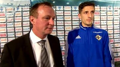 Northern Ireland manager Michael O'Neill and goalscorer Craig Cathcart