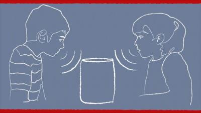 Illustration of two children speaking to a voice assistant