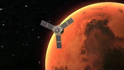 Animation still of UAE's satellite and Mars