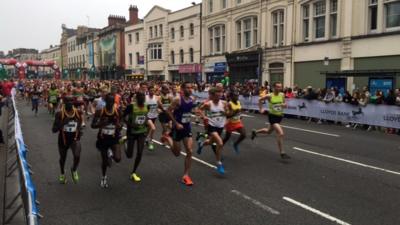 Runners at the start of the Cardiff Half Marathon