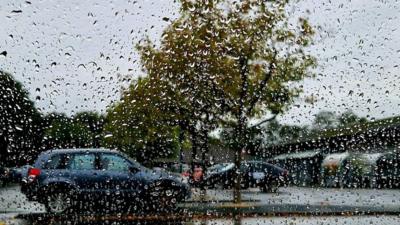Car park and trees seen through a window covered in raindrops