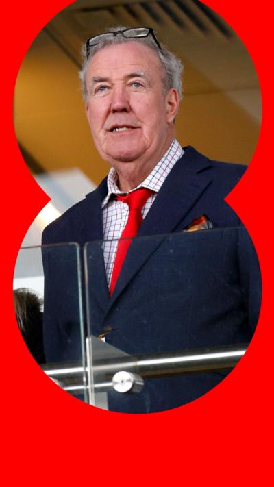 Jeremy Clarkson is wearing a navy suit, red tie, and white shirt with a black grid pattern.
© Max Mumby/Indigo/Getty Images