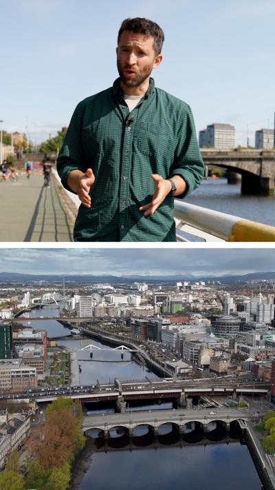 A composite image of a reporter wearing a green shirt and an aerial image of the River Clyde in the city of Glasgow, taken from high in the air. 