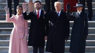 Usha Vance, J.D. Vance, Donald Trump and Melania Trump wave