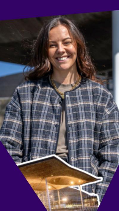 BBC's Tink Llewellyn smiles to the camera wearing a plaid blue jacket. There is an image of the Senedd building under her.