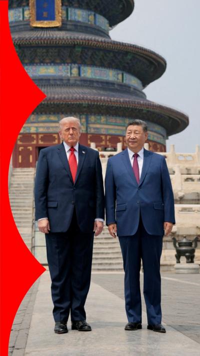 U.S. President Donald Trump and Chinese President Xi Jinping stand together as they tour the Temple of Heaven in Beijing, China.