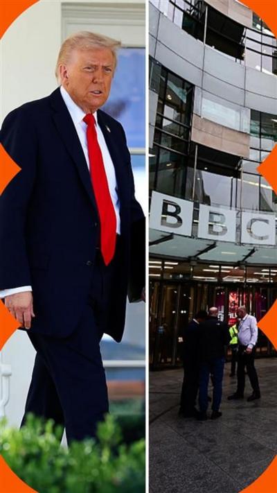 Split screen - Donald Trump top, BBC bottom