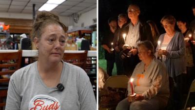 A woman is reacting to the Tennessee explosion and on the right is a vigil.