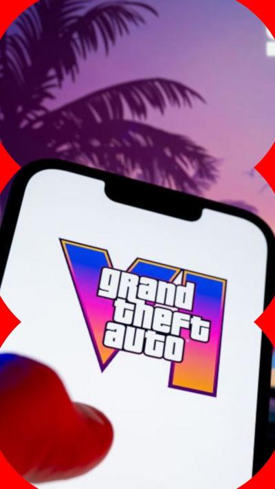 Rockstar Games logo displayed on a smartphone, against a backdrop of an image promoting GTA 6