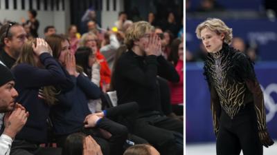 Splitscreen. Left, supporters gasp in disbelief. Right, Malinin after his Olympic performance.