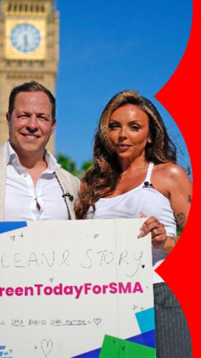 Giles Lomax, CEO for SMA UK (left) and former Little Mix singer Jesy Nelson (right) in Parliament Square, London