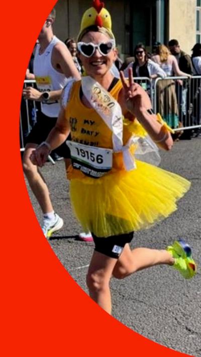 Emily Marchant running a marathon dressed as a hen