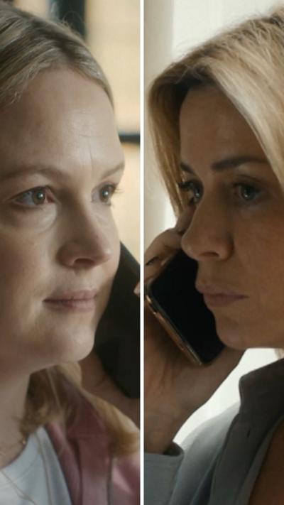 Composite image of characters Eleri and Fran, on the phone to each other looking tense