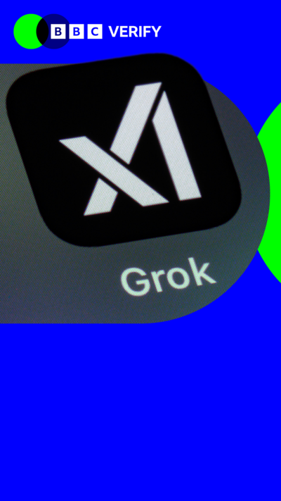 An image showing the the Grok logo. It is imposed over the BBC Verify colours and logo