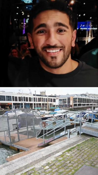 A composite image of Rehaan Akhtar smiling into camera in a dark setting, with a daytime photo of the harbour in Bristol below