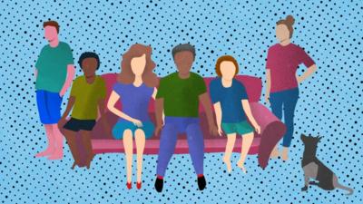 Illustration of a stepfamily on and around a sofa