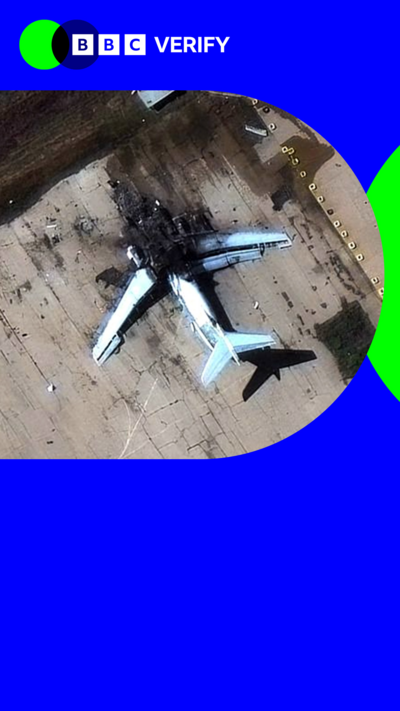 A graphic composite showing the BBC Verify logo along with a satellite image of a destroyed plane.