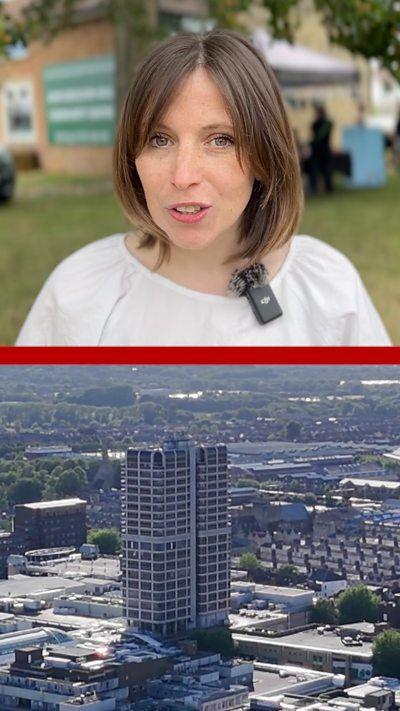 Split image showing reporter Marie Lennon speaking and below her an aerial view of Swindon, with a tower block in the centre.
