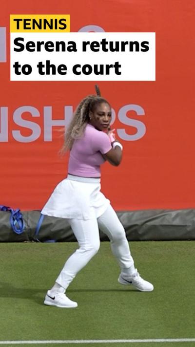 Serena Williams swings tennis racquet at the Queen's Club 