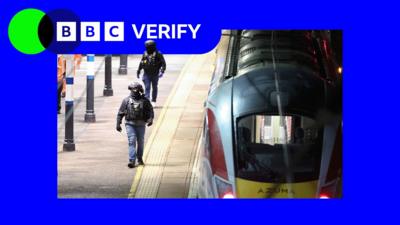 BBC Verify logo with image of the LNER train, the platform and two officers walking along it