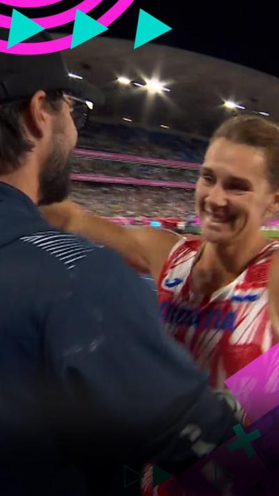Sara Kolak celebrating winning gold in the women's javelin