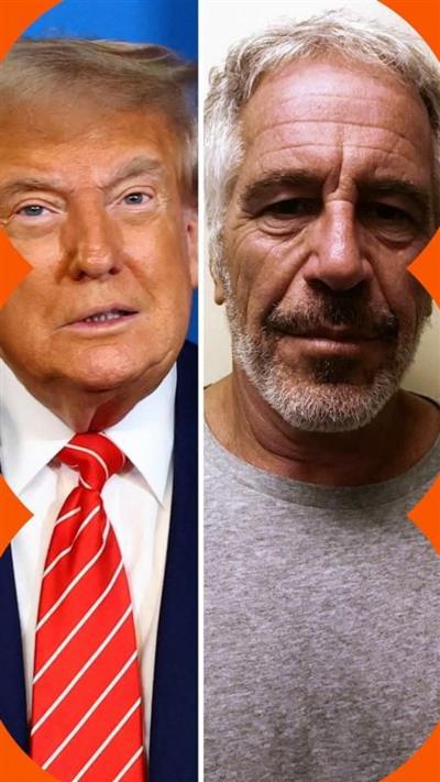 Vertical split screen image of Trump and Epstein