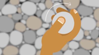 Illustration of a right hand holding a round stone with an arrow pointing in a counter-clockwise direction