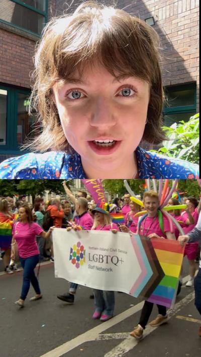 Composite image - Olivia Copeland in a blue top in sunchine above and A Civil Service banner at the 2025 Belfast Pride parade below. 
