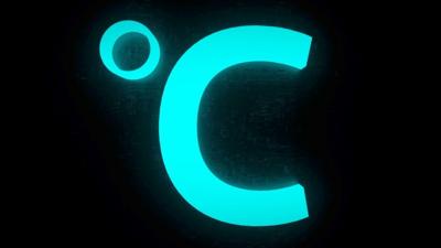 A large "°C" symbol in cyan on a black background