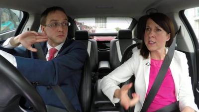 Chris Mason and Liz Kendall in a car