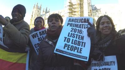 Protesters outside Canterbury Cathedral