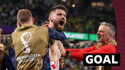 Bruno Petkovic celebrates his equaliser for Croatia against Brazil