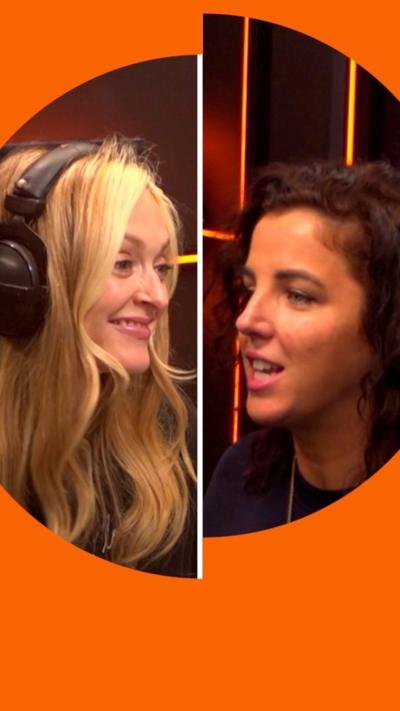 Composite image of Fearne Cotton and Jamie-Lee O'Donnell talking to each other in a radio studio 