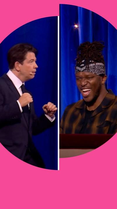 Composite image of Michael McIntyre in a boxing pose and KSI laughing