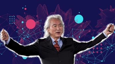 Cut out image of Michio Kaku against a geometric background