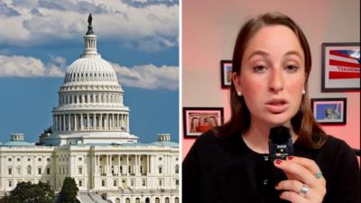 Split screen image: Capitol Hill on the left, and a woman holding a microphone, with pictures in black frames behind.