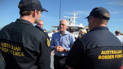 Australian Prime Minister Malcolm Turnbull speaks to Border Force officers