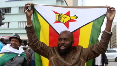 Protester holding Zimbabwe flag