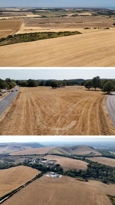 Three aerial images of parched farmland