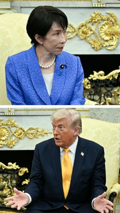 Split image Top: Japanese Prime Minister Bottom: Donald Trump