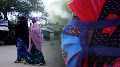 A composite image of a woman looking and a street scene