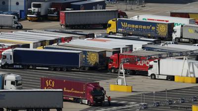 Lorries in lorry park in Dover, Kent