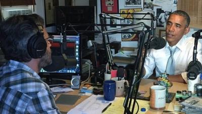 President Obama recording the podcast in Marc Maron's garage