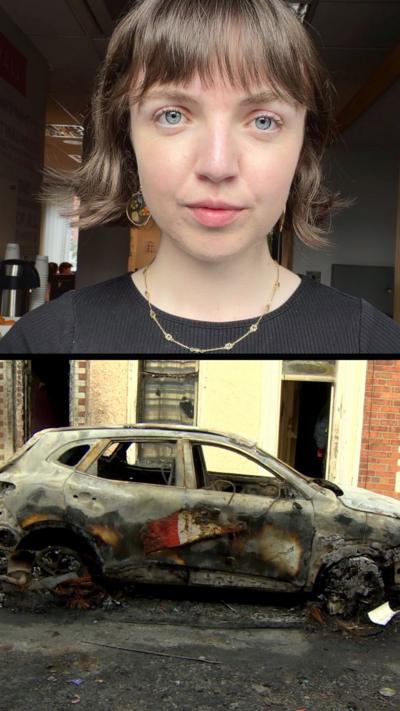 A composite image of a BBC Journalist and a burnt out car.
