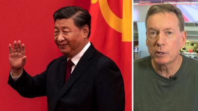 A split image of Xi Jinping waving in front of a red background and Frank Gardner in the BBC newsroom