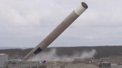 Chimney on the old Anglesey Aluminium site in Holyhead is demolished