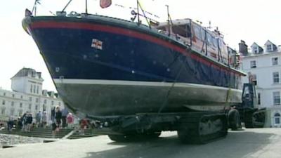 The RNLI Llandudno lifeboat preparing to launch