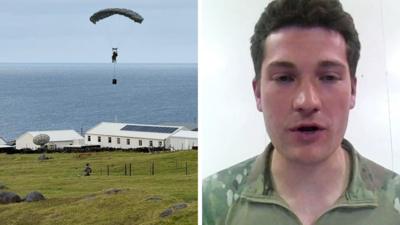Captain George Lacey (right), and parachutist landing on the island (left)