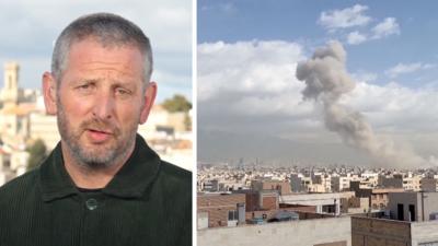 A split screen image. On the left, Jon Donnison, on the right, Tehran's skyline with smoke rising into the air