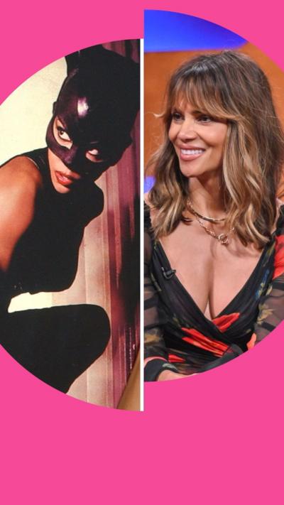Split screen: Halle Berry right, with long brown hair, and as Catwoman, left.